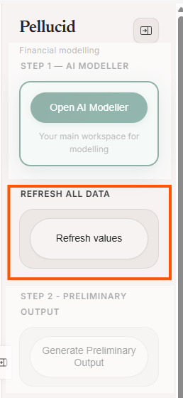 Pellucid sidebar with the Refresh values button highlighted.